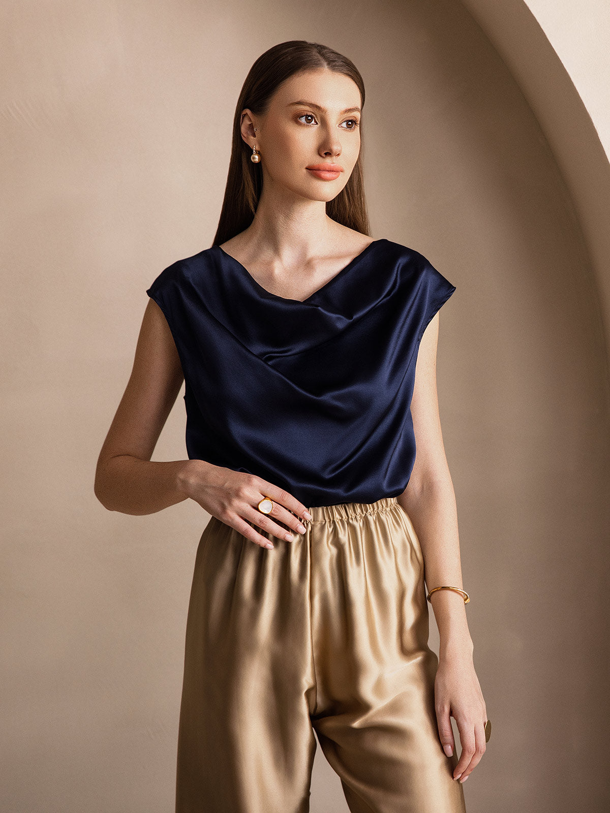 [Mørkeblå] SilkSilky-DK 19Momme Silke Womens T-Shirt 004