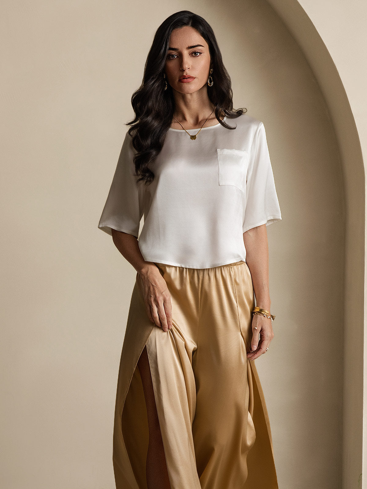 [Hvid] SilkSilky-DK Pure Silk Half Sleeve Boat Neck T-shirt til kvinder 007