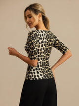 [Leopard] SilkSilky-DK Halv ærme Dyb Rund Halsudskæring T-shirt til kvinder 002