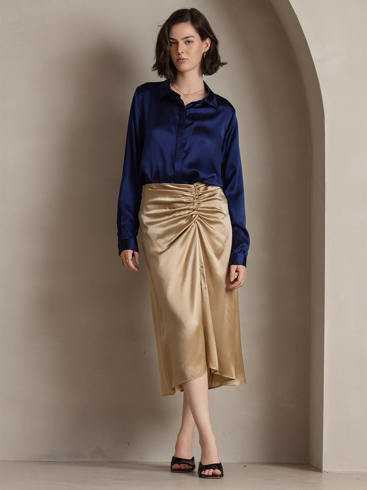 [Mørkeblå] SilkSilky-DK 19Momme Silke Womens Shirt 004