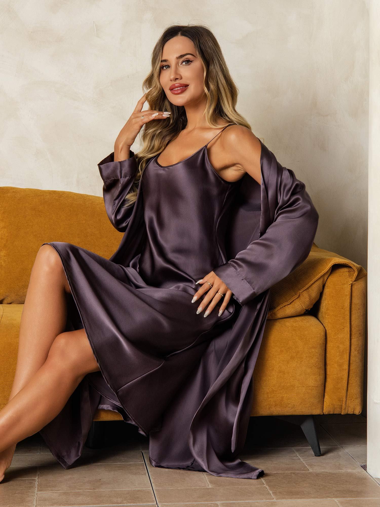 [LillaGrå] SilkSilky-DK Silke Wrap Natkjole & Morgenkåbe Sæt 006