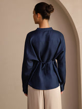 [Mørkeblå] SilkSilky-DK Long Sleeve Blouse 002