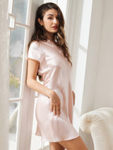 [Lys Pink] SilkSilky-DK Short Sleeve V Neck Natkjole 004
