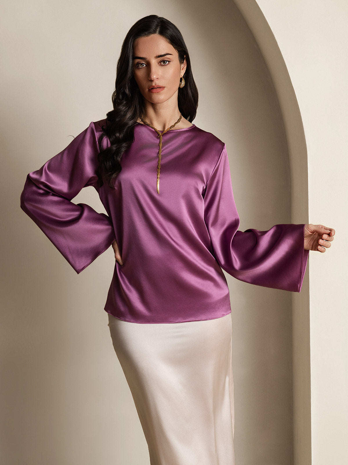 [Mørke Lilla] SilkSilky-DK 19Momme Silke Womens T-Shirt 003