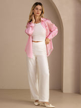 [Rosa Nålestribet] SilkSilky-DK Long Sleeve Lapel Collar Dameskjorte 007