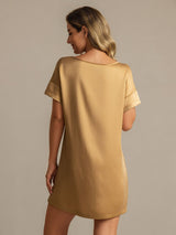 [Tan] SilkSilky-DK 19Momme Kort ærme Rund Hals Natkjole 002