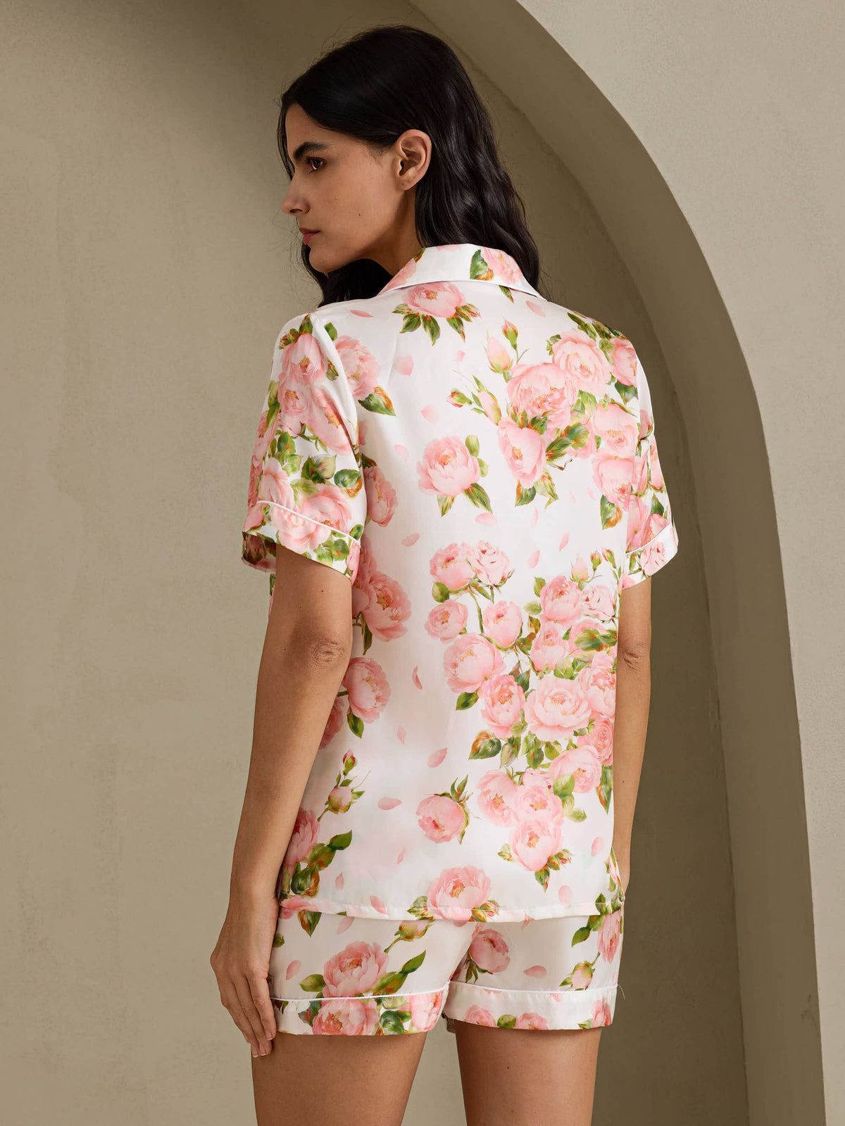 [Hvid Pæon] SilkSilky-DK Short Sleeve Notch Collar Dame Pyjamas 002