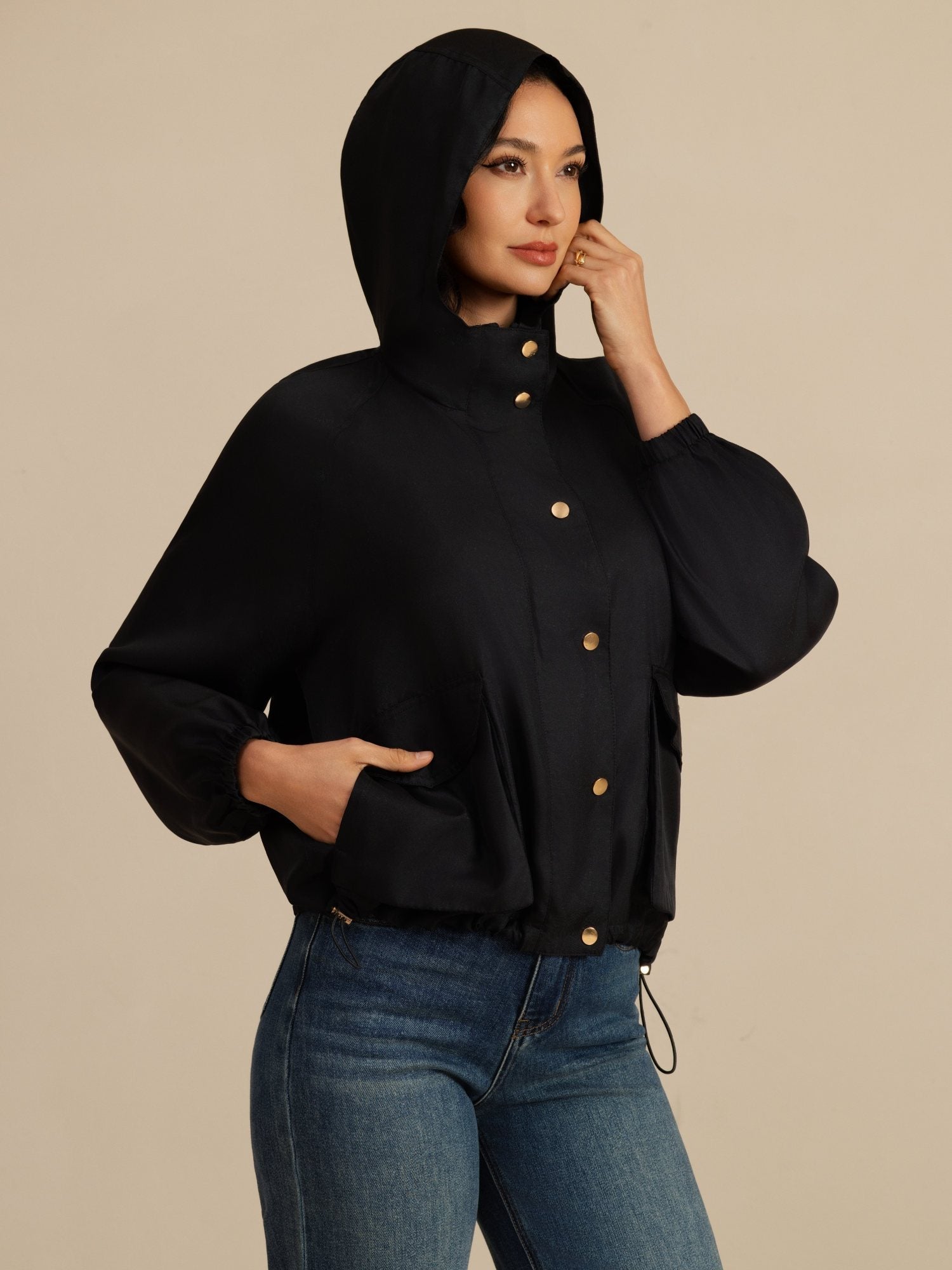 [Sort] SilkSilky-DK Langærmet Høj Hals Overtøj til Kvinder 001