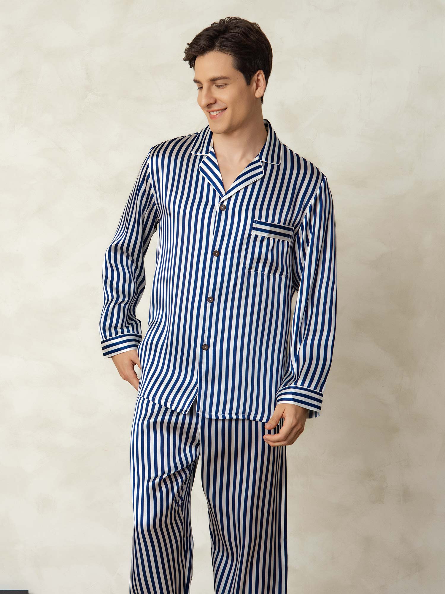 [Marine Stribe] SilkSilky-DK 19Momme Mens Pajamas 005