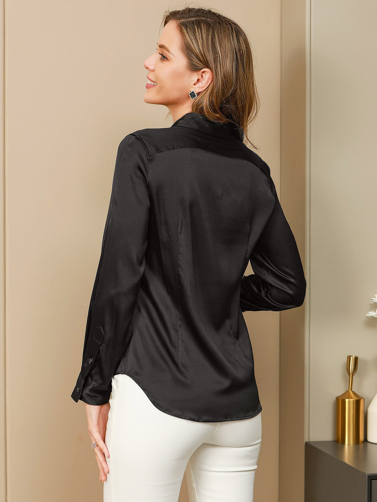 [Sort] SilkSilky-DK Silke Long Sleeve Collar Dameskjorte 002
