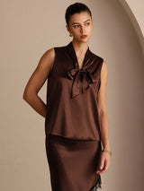 [Mørk Chokolade] SilkSilky-DK Sleeveless Tie Neck Camisole Top 003