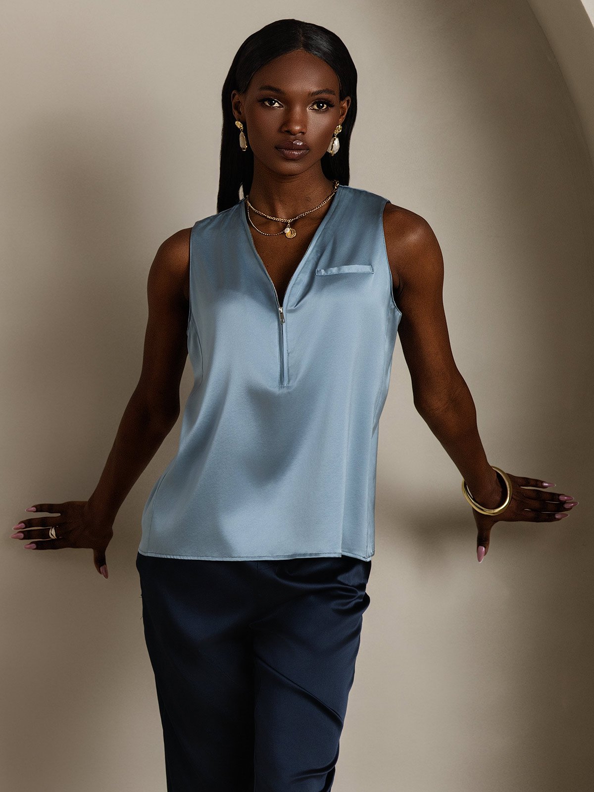 SilkSilky-DK 19Momme Silke Womens Shirt Gråblå 004