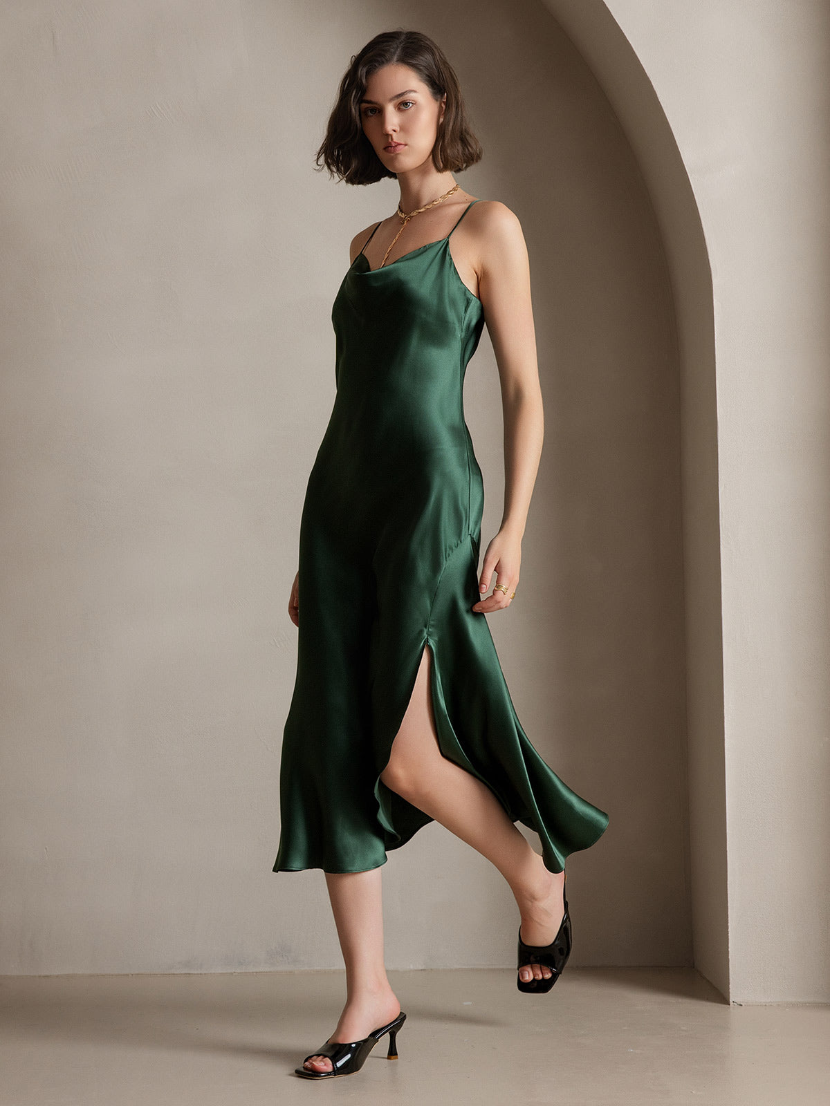 [Mørkegrøn] SilkSilky-DK 19Momme Dress 007