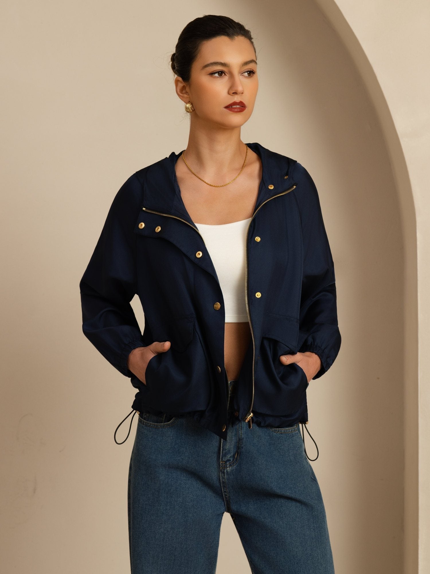 [Mørkeblå] SilkSilky-DK Langærmet Høj Hals Overtøj til Kvinder 001