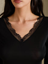 [Sort] SilkSilky-DK Long Sleeve V Neck Dame Lange Underbukser 005