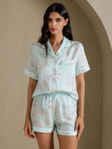 [Himmelblå Blomster] SilkSilky-DK Short Sleeve Notch Collar Dame Pyjamas 004