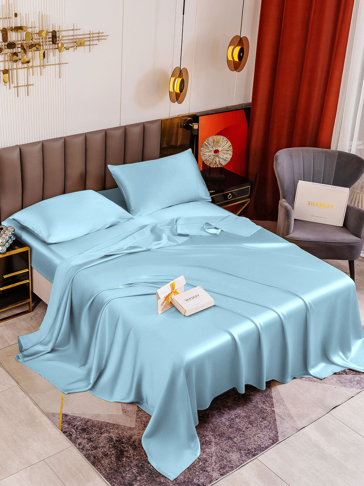 [Lyseblå] SilkSilky-DK 19Momme Bedding Set 001