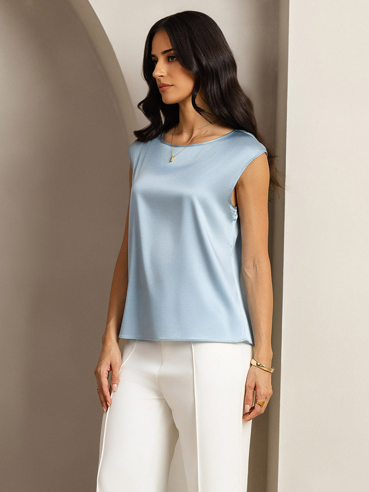 [Gråblå] SilkSilky-DK 19Momme Silke Womens T-Shirt 005