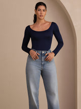 [Mørkeblå] SilkSilky-DK Long Sleeve U hals T-shirt til kvinder 004