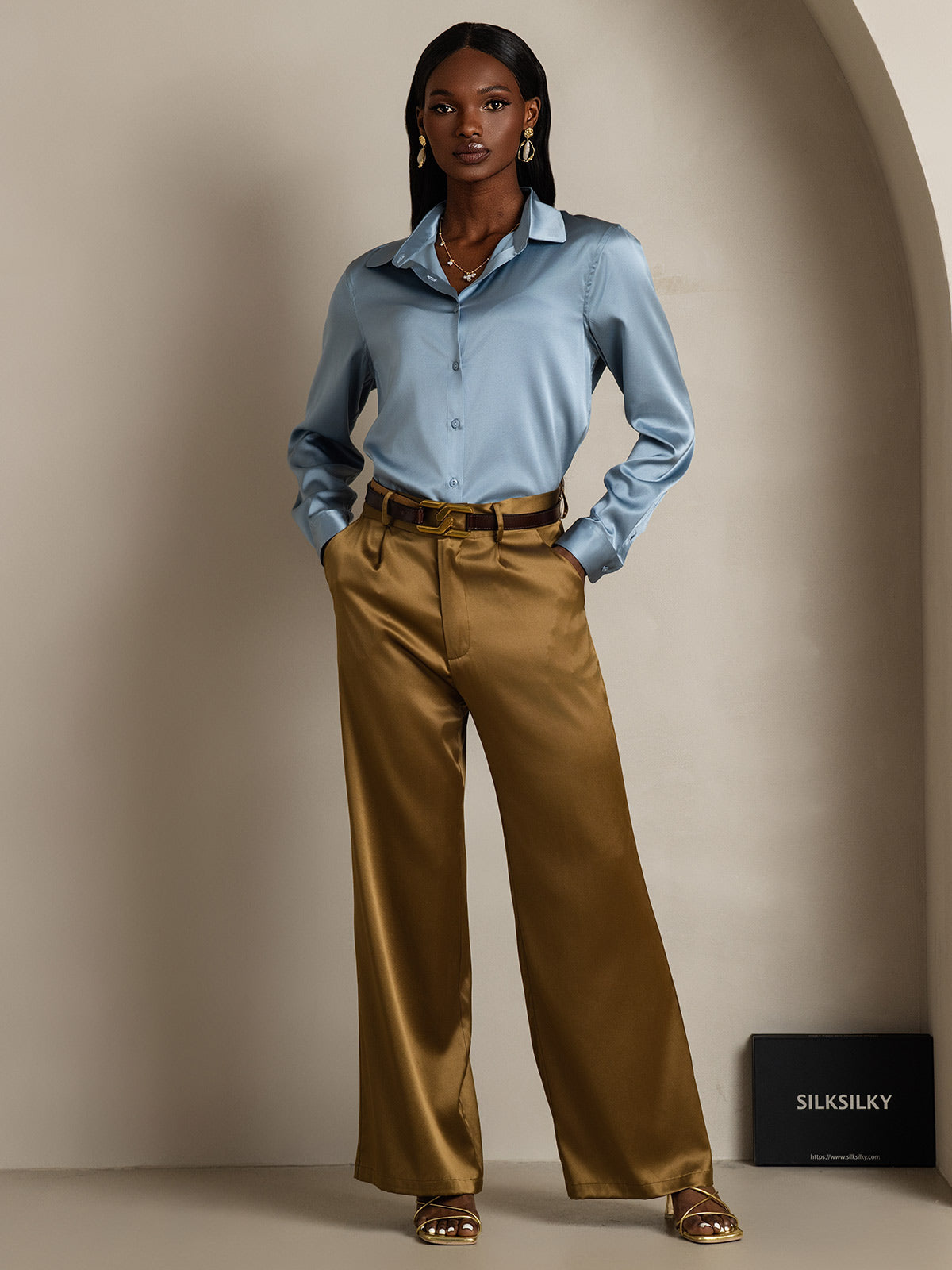 [Gråblå] SilkSilky-DK Silke Long Sleeve Collar Dameskjorte 005