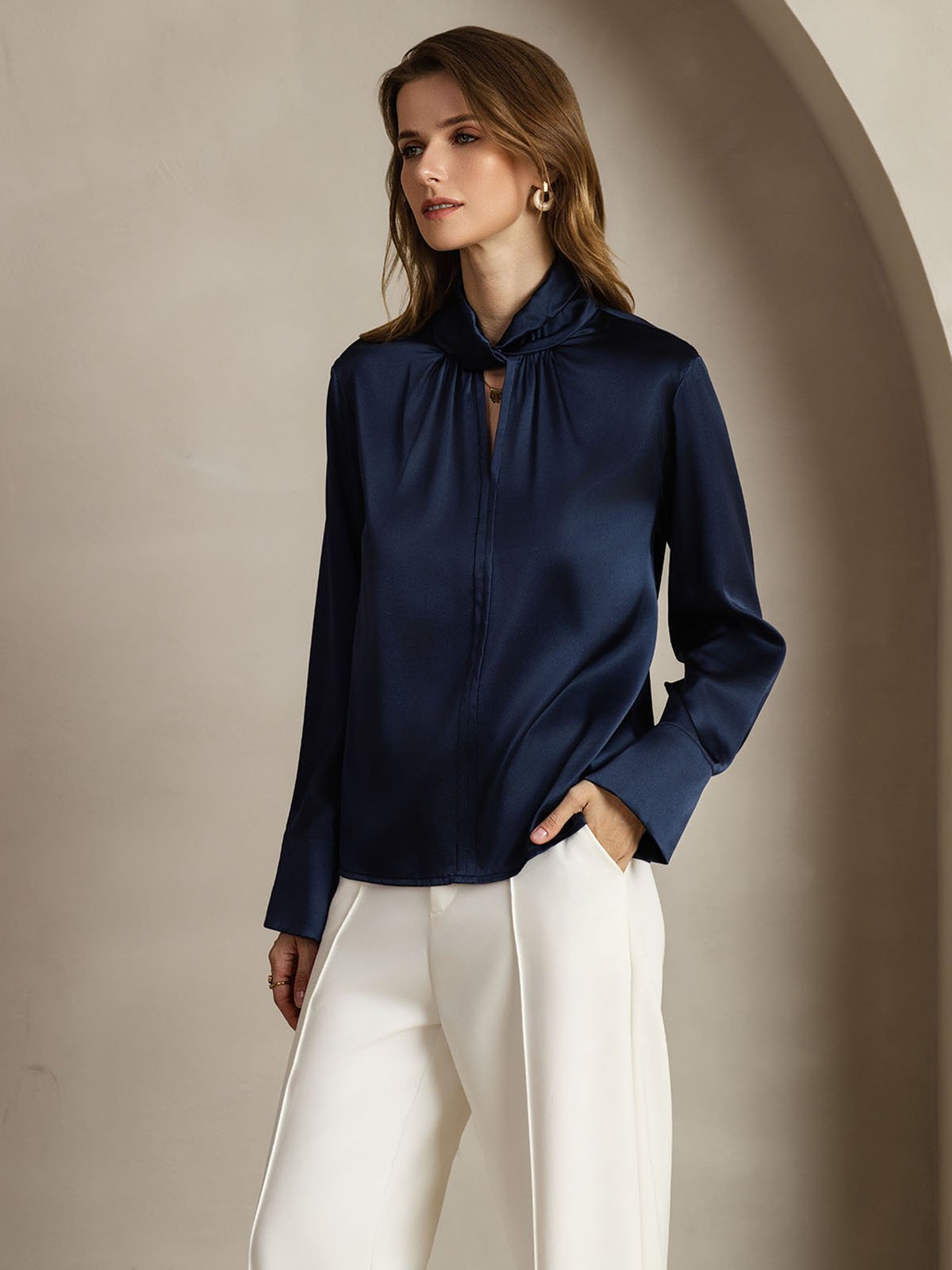 [Mørkeblå] SilkSilky-DK 19Momme Silke Womens Shirt 003