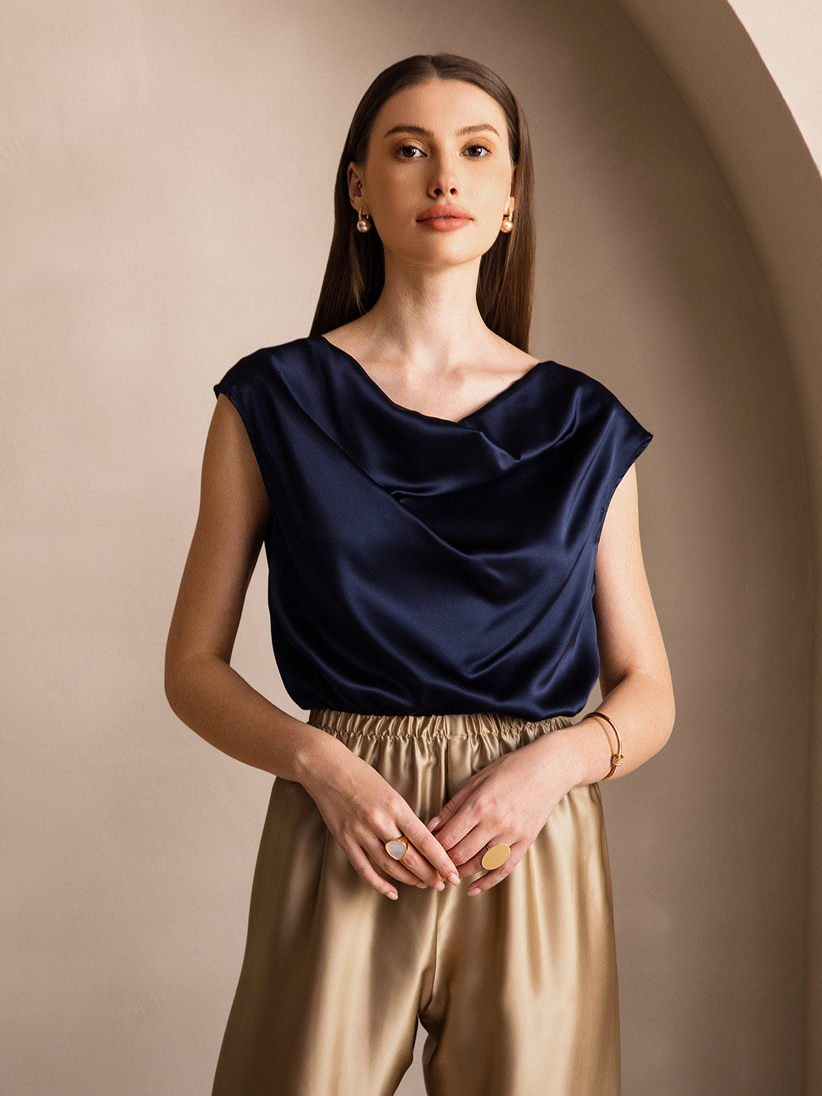 [Mørkeblå] SilkSilky-DK 19Momme Silke Womens T-Shirt 003