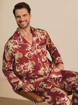 [Vinrød Drage] SilkSilky-DK Long Sleeve Notch Collar Pyjamas til Mænd 007