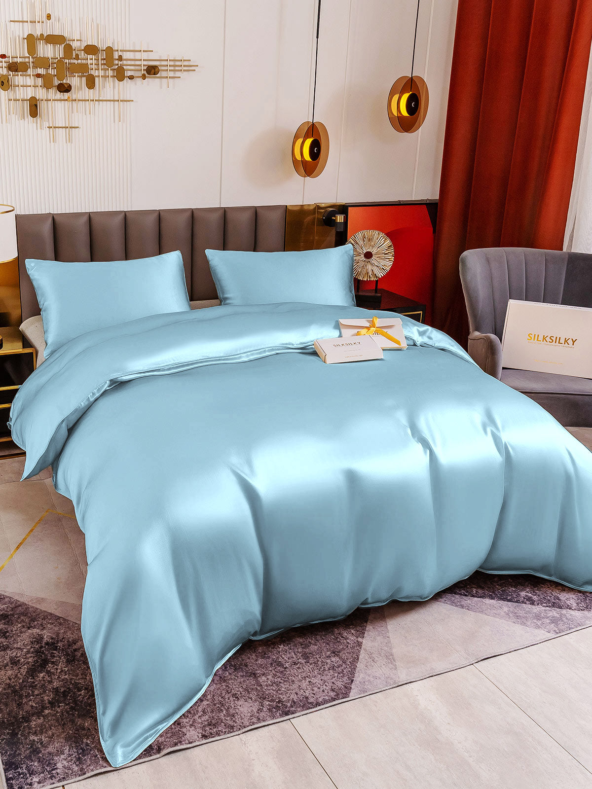 [Lyseblå] SilkSilky-DK 19Momme Bedding Set 003