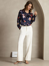 [Marine Blomster] SilkSilky-DK Long Sleeve Lapel Collar Dameskjorte 006