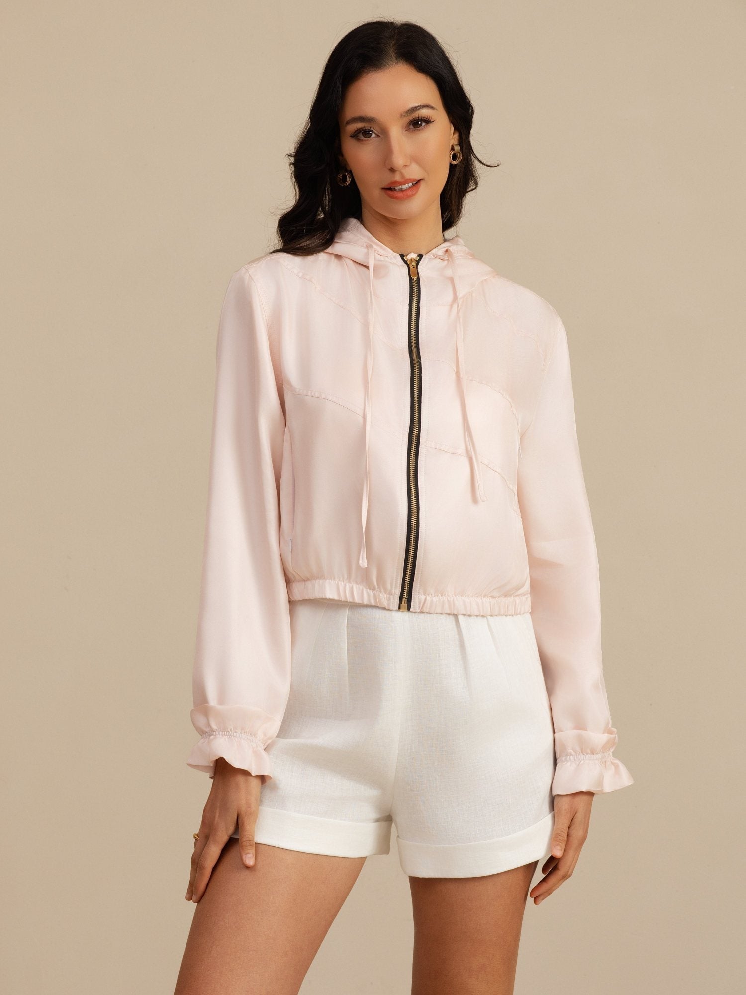 [Lyserød] SilkSilky-DK 18Momme Langærmet Høj Hals Overtøj til Kvinder 007