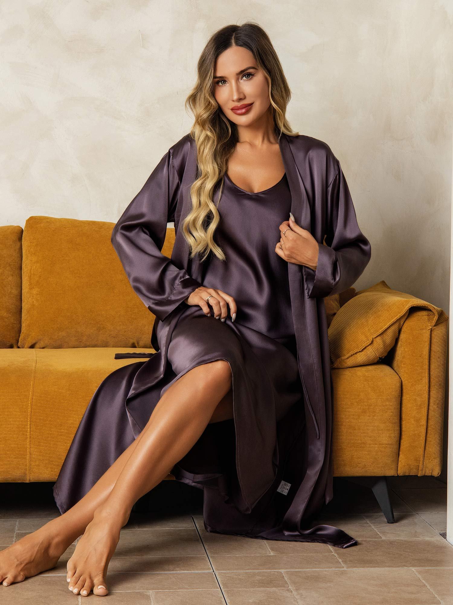[LillaGrå] SilkSilky-DK Silke Wrap Natkjole & Morgenkåbe Sæt 007