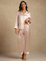 [Lyserød] SilkSilky-DK Langærmet Notchkrage Dame Pyjamas 001