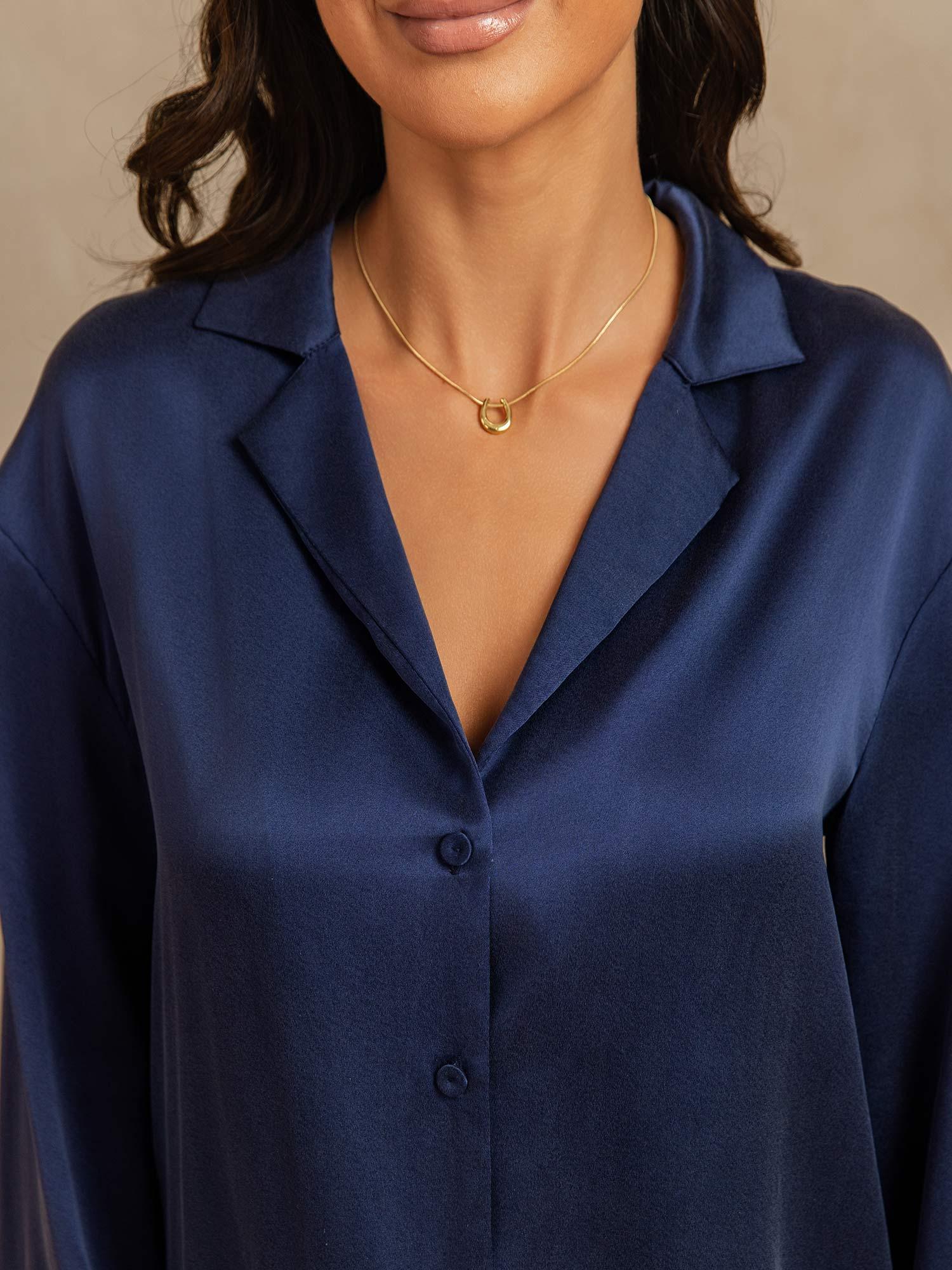 [Mørkeblå] SilkSilky-DK 19Momme Silke Womens Pajamas 004