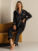 [Sort] SilkSilky-DK Langærmet Notchkrage Dame Pyjamas 008