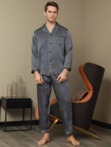 [Marine Ginkgo] SilkSilky-DK Long Sleeve Lapel Collar Pyjamas til Mænd 008