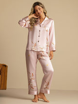 [Lyserød] SilkSilky-DK 19Momme Langærmet Notchkrage Dame Pyjamas 001