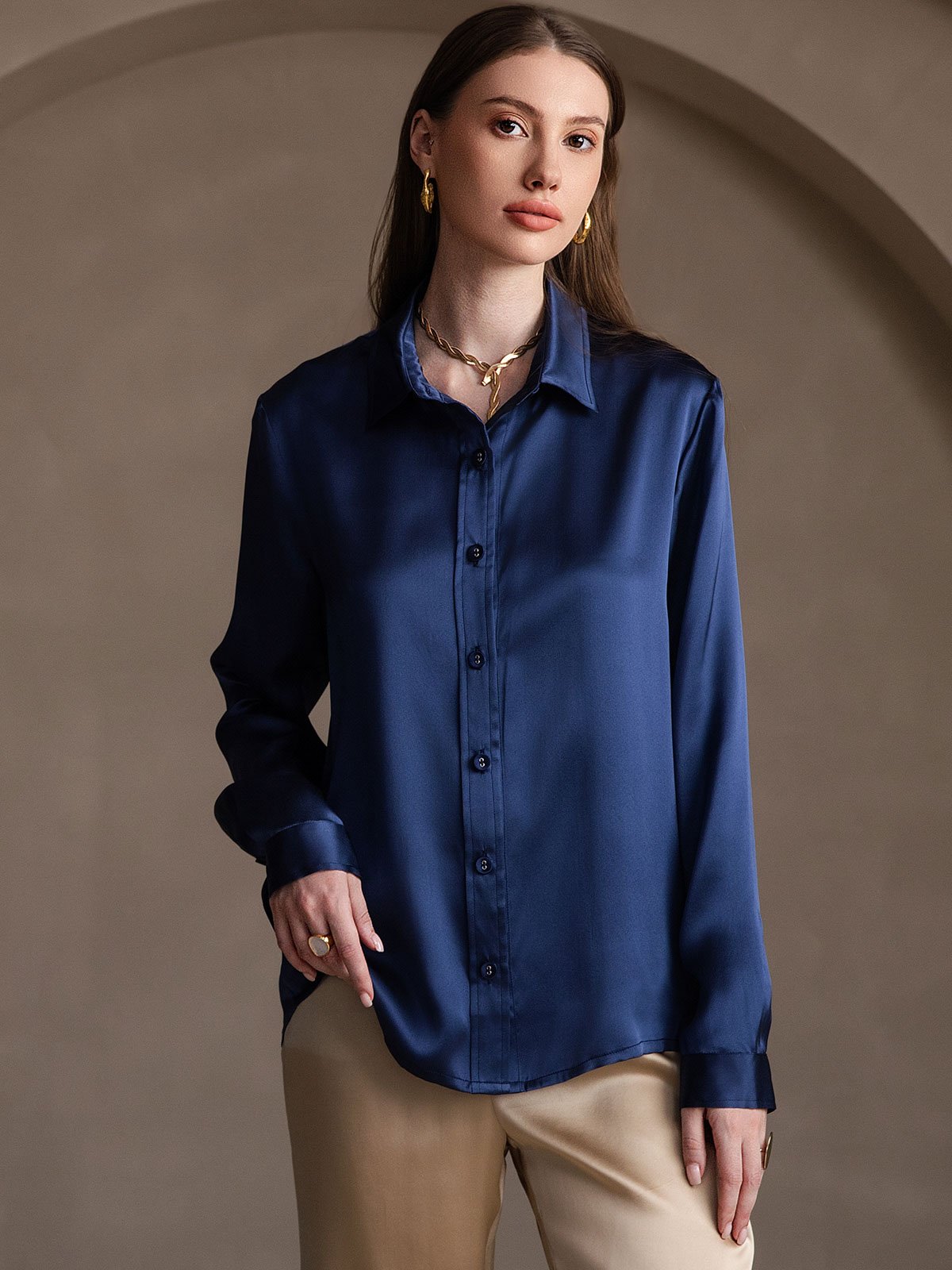 SilkSilky-DK 19Momme Silke Womens Shirt Mørkeblå 004