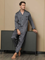 [Marine Ginkgo] SilkSilky-DK Long Sleeve Lapel Collar Pyjamas til Mænd 001