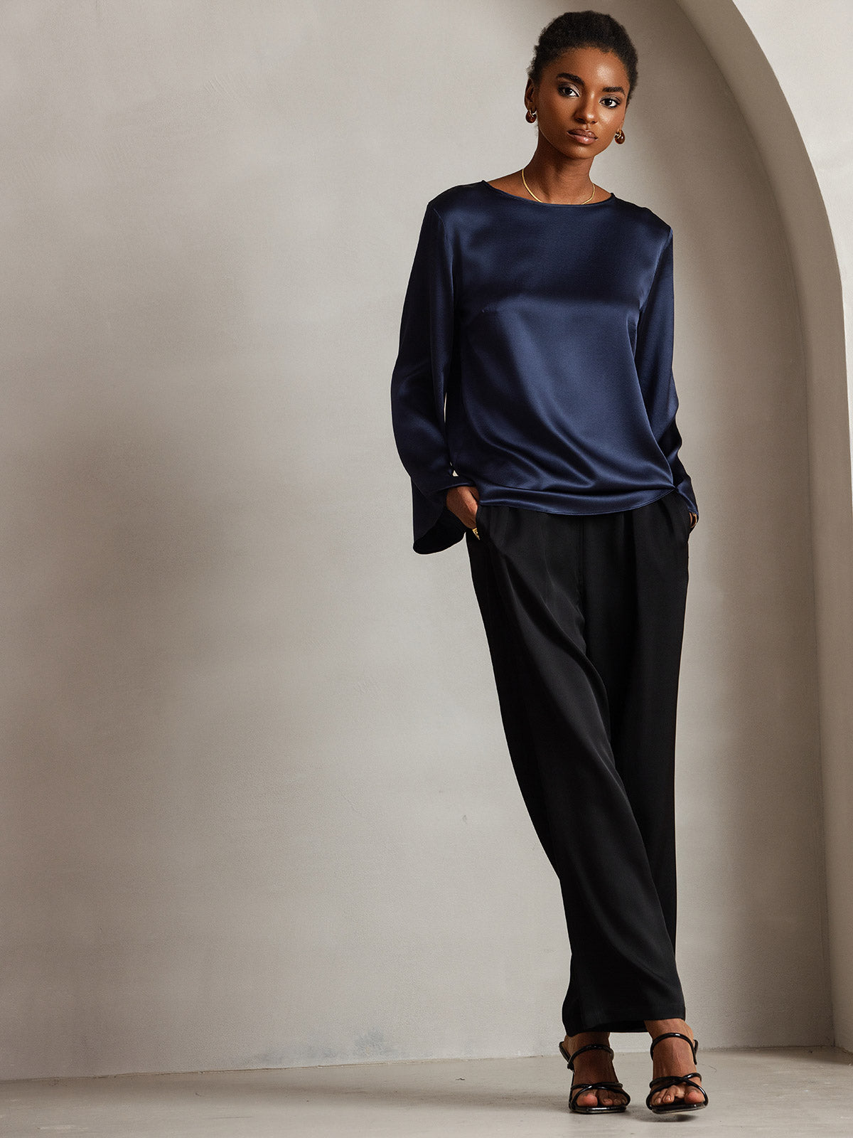 [Mørkeblå] SilkSilky-DK 19Momme Silke Womens T-Shirt 006