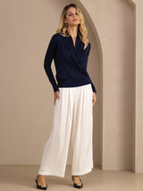 [Mørkeblå] SilkSilky-DK Long Sleeve Wrap Damebluser 007