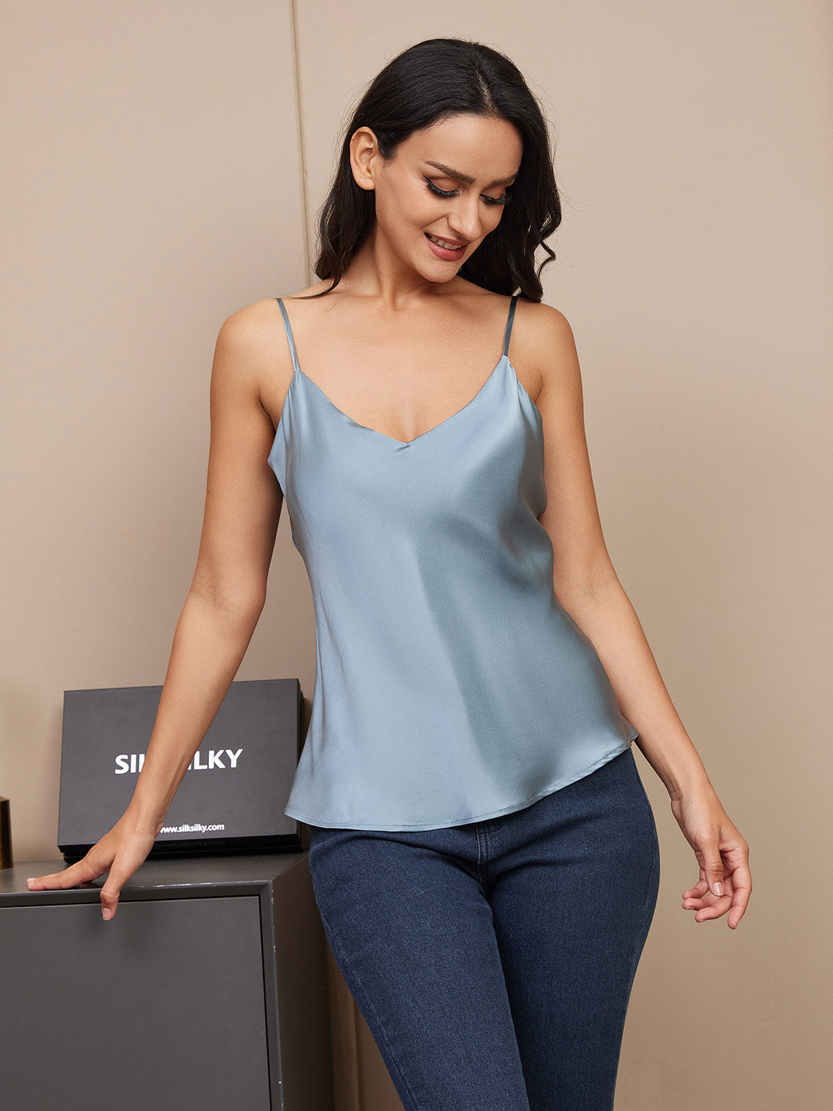 [Gråblå] SilkSilky-DK Spaghetti Rem V Hals Camisole Top 003