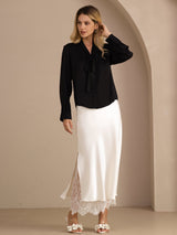 [Sort] SilkSilky-DK Long Sleeve Tie Neck Damebluser 007