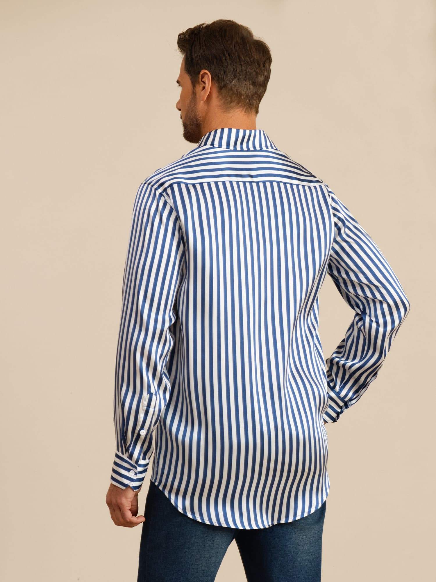 [Marine Stribe] SilkSilky-DK 19Momme Langærmet Reverskrave Herreskjorte 002