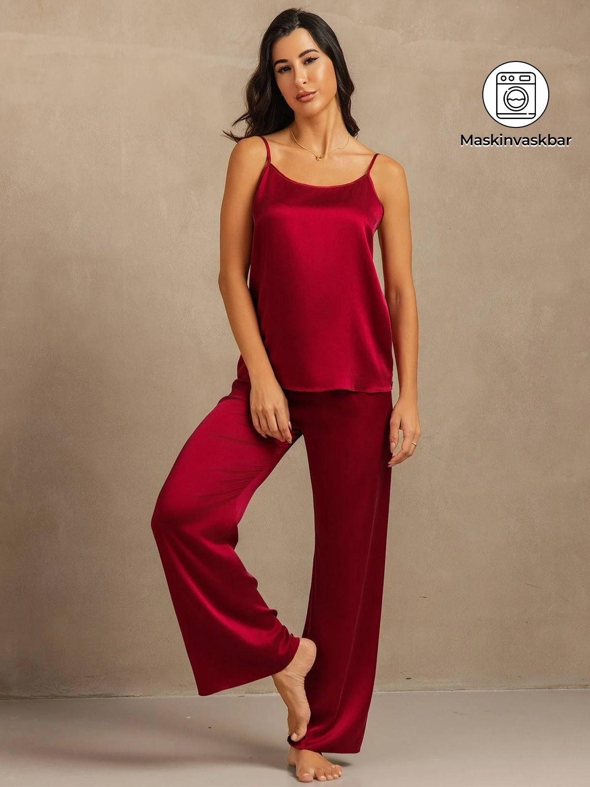 19Momme Vaskbar Silke Spaghetti Strop Top & Vidde Ben Bukser Set