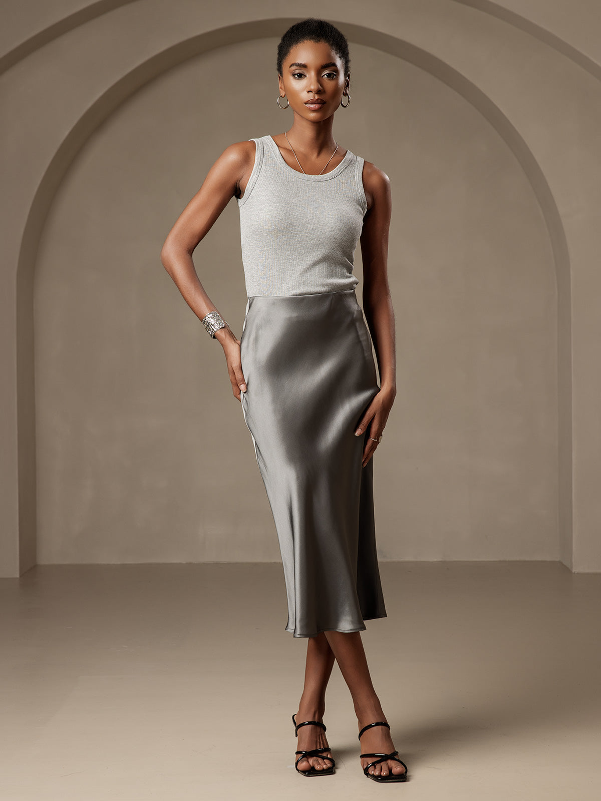 [Mørkegrå] SilkSilky-DK 19Momme Skirt 003,