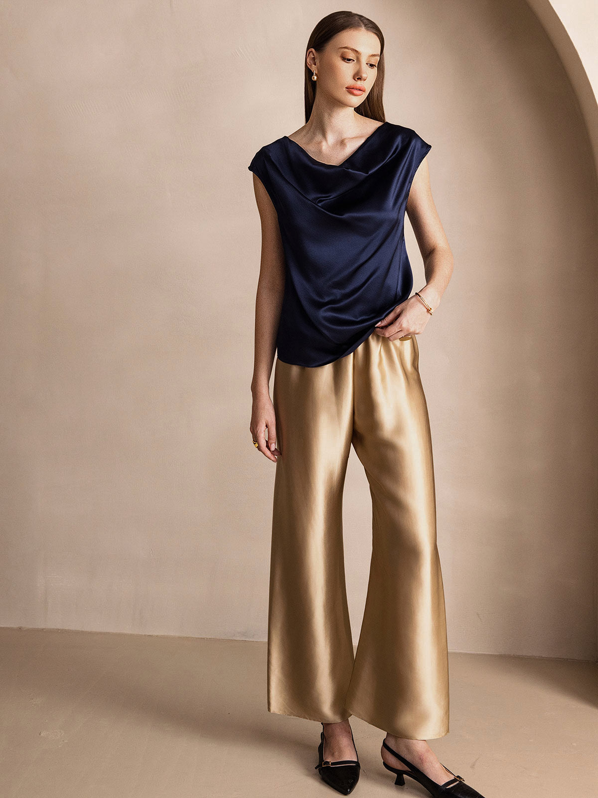 [Mørkeblå] SilkSilky-DK 19Momme Silke Womens T-Shirt 007