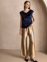 [Mørkeblå] SilkSilky-DK Cap Sleeve Cowl Neck T-shirt til kvinder 007