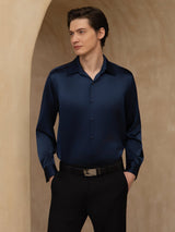 [Mørkeblå] SilkSilky-DK Long Sleeve Lapel Collar Herreskjorte 001