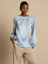 [Gråblå] SilkSilky-DK 19Momme Langærmet Rund Hals Bluse 003