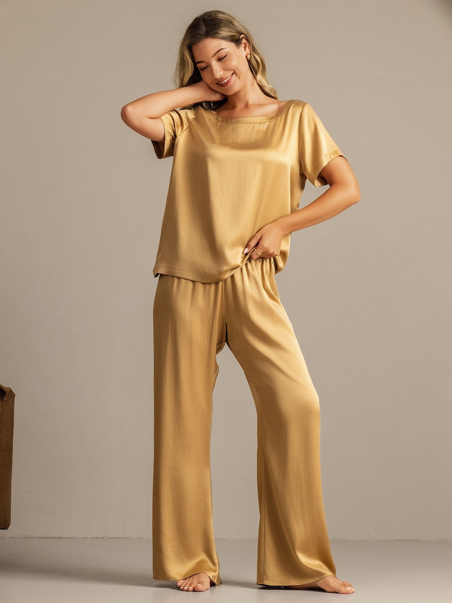 [Tan] SilkSilky-DK 19Momme Silke Womens Pajamas 001